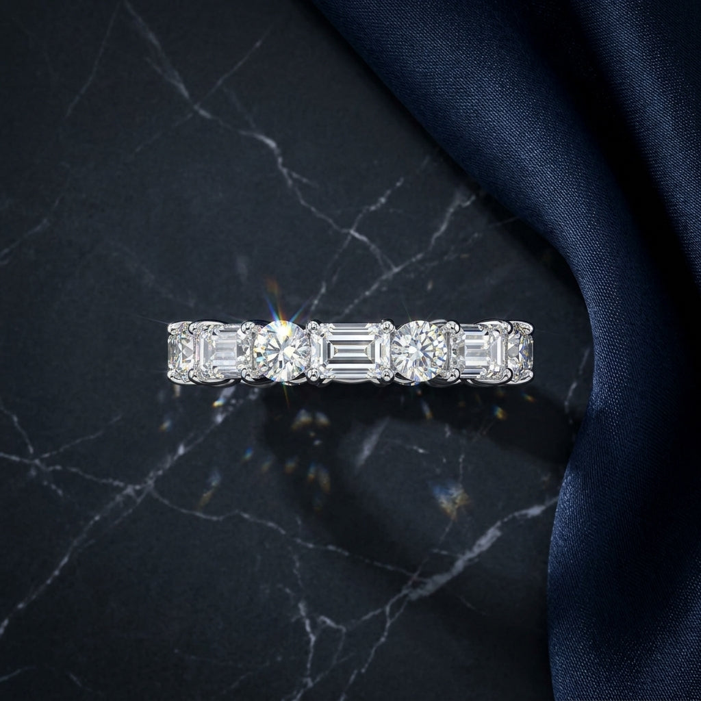 Emerald & Round Cut Diamond Wedding Band