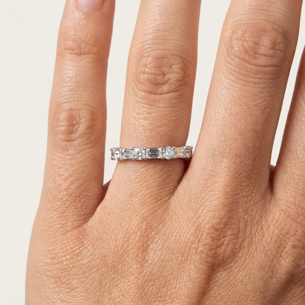 Emerald & Round Cut Diamond Wedding Band