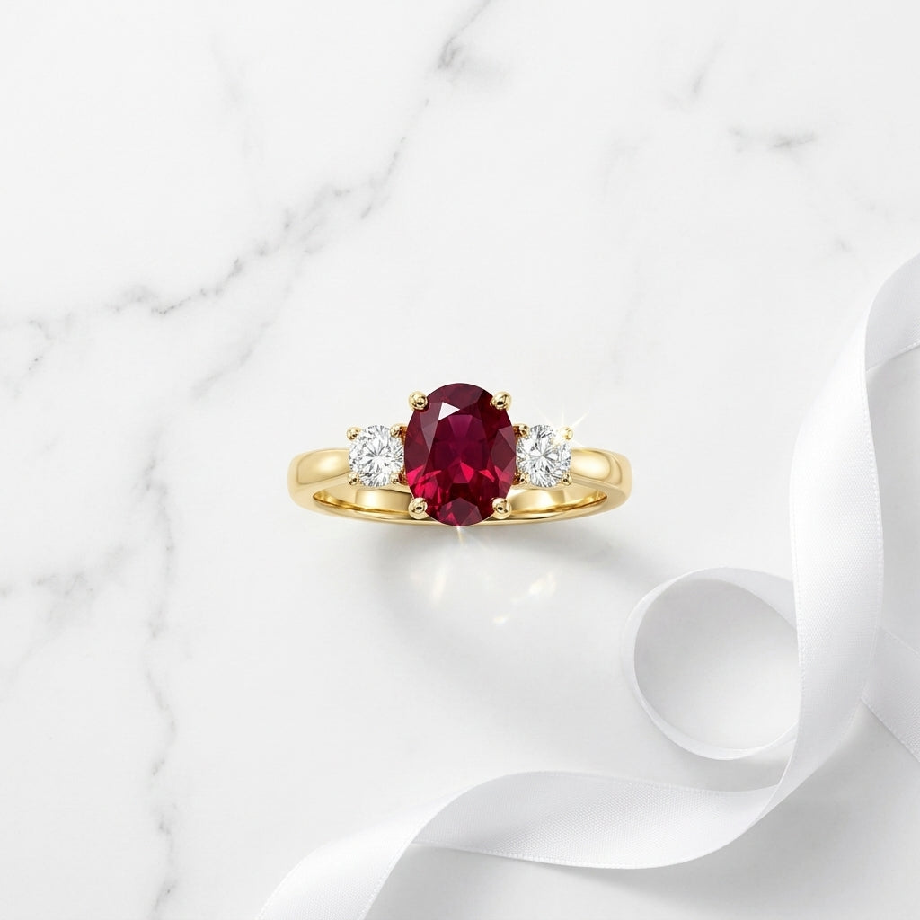 Oval Ruby & Diamond Three-Stone Ring