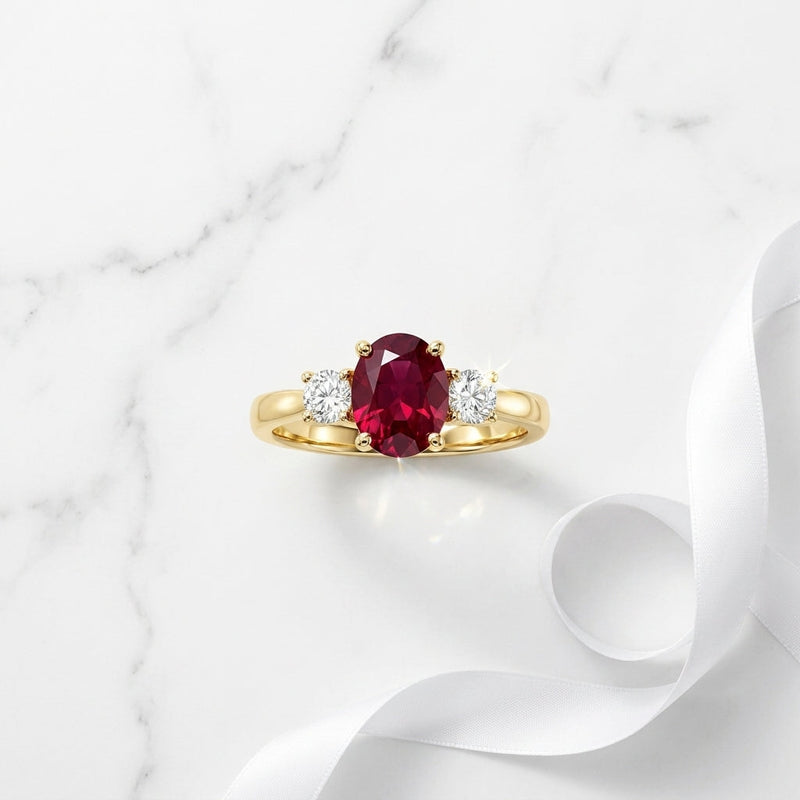 Oval ruby and diamond three-stone ring