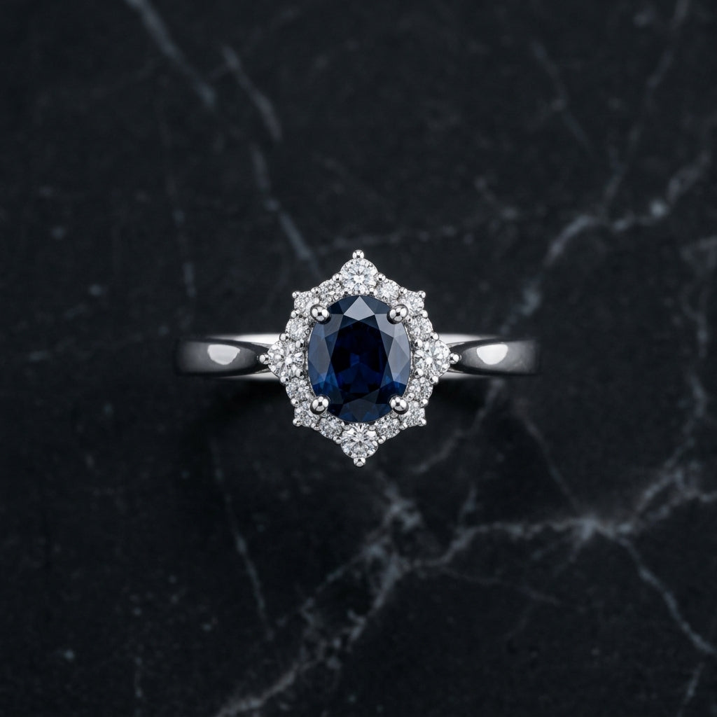 Oval Blue Sapphire Halo Ring