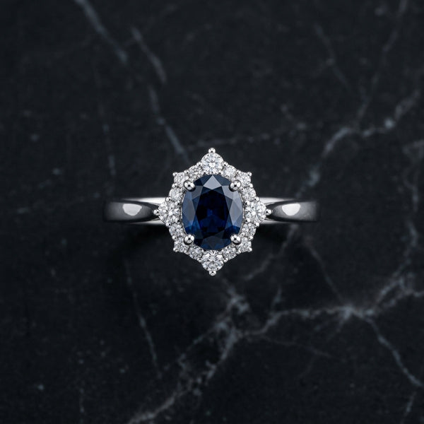 Oval Blue Sapphire Halo Ring