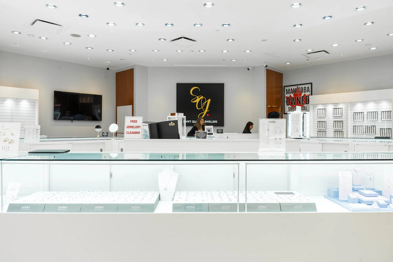 Inside the Swift Quartz Jewellers showroom with jewellery display cases
