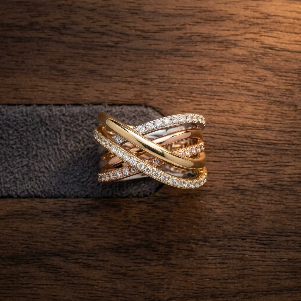 Tri-Color Diamond Crossover Cocktail Ring
