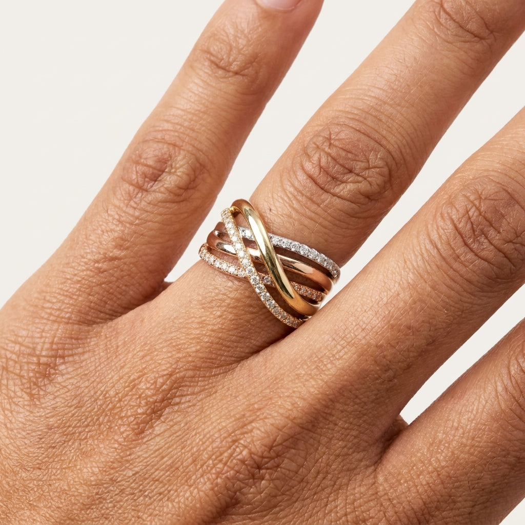 Tri-Color Diamond Crossover Cocktail Ring